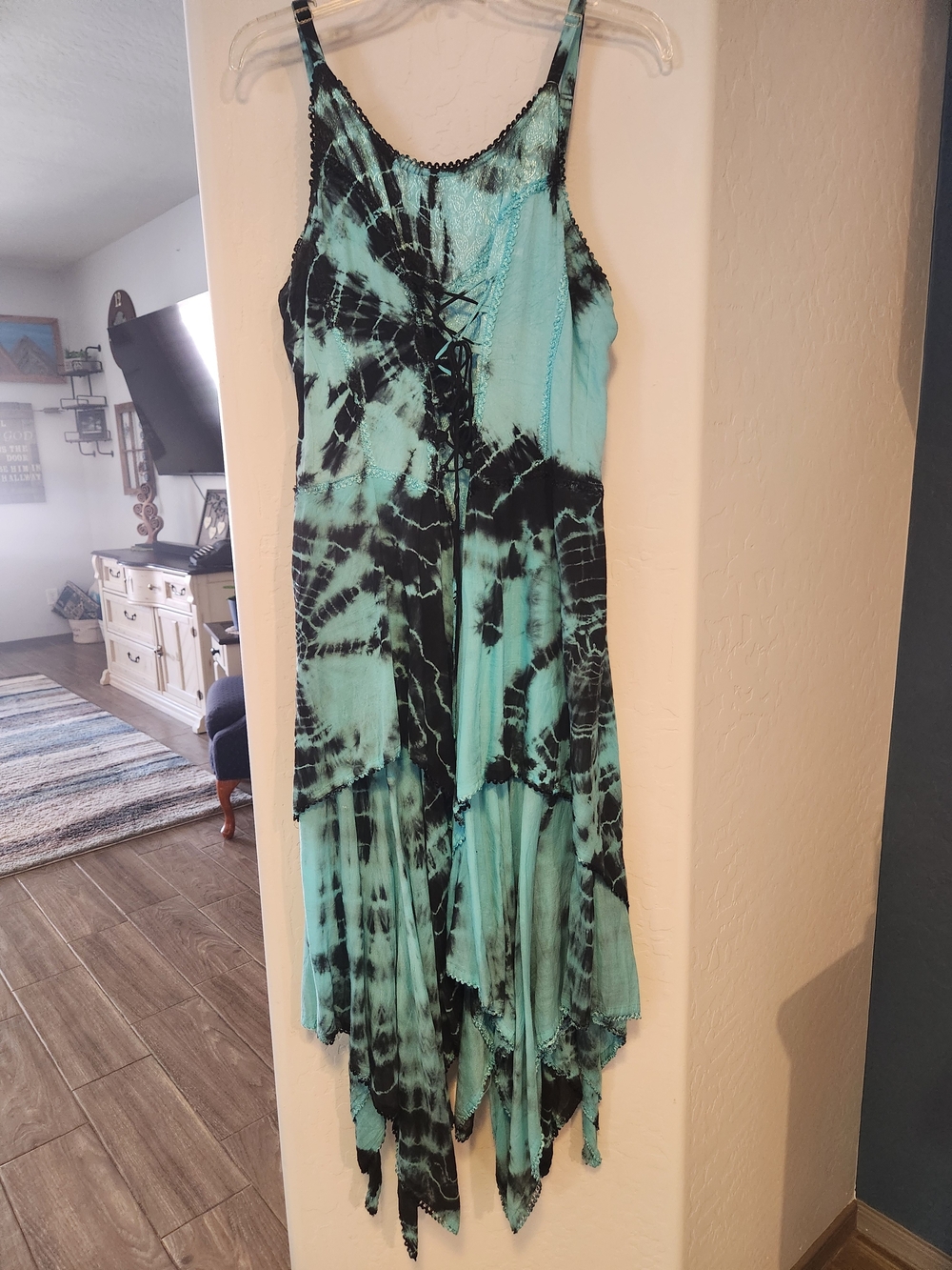 Turquoise & Black Boho Tie-Dye Handkerchief Maxi Dress 💙🖤